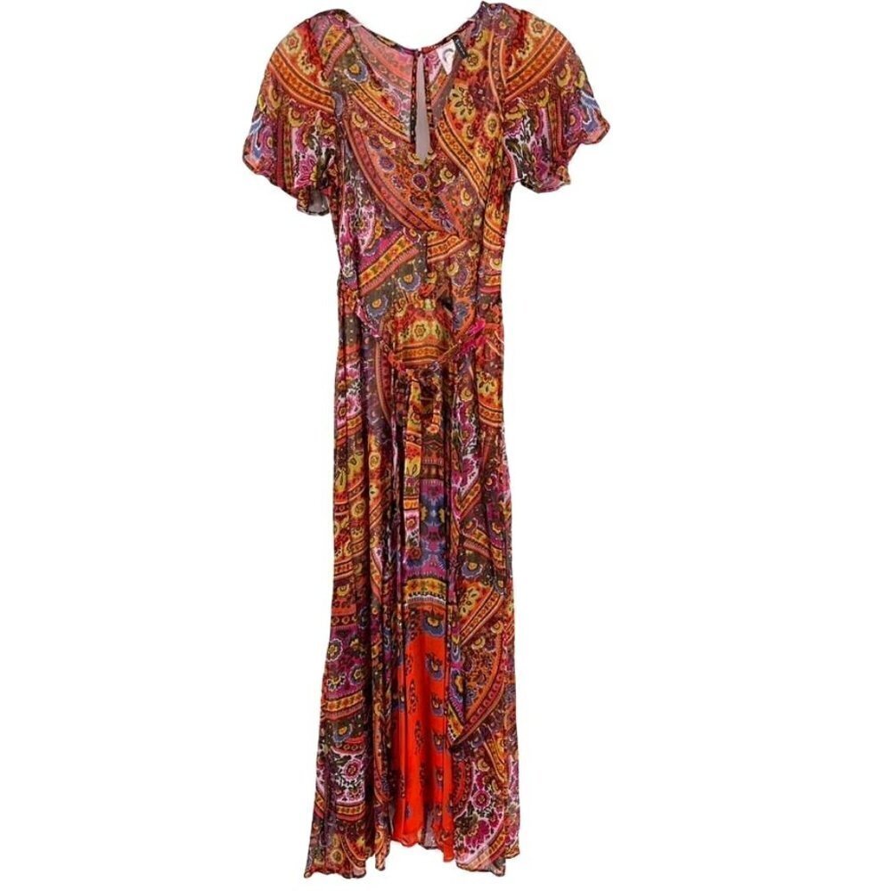 Akemi + Kin Anthro Sz US 0 Multicolor Murol Flutter Faux Wrap Chiffon Maxi Dress